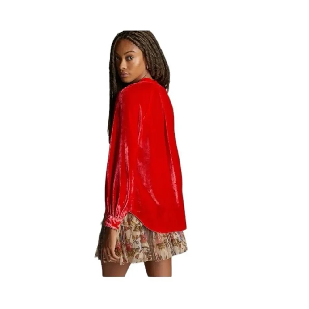 Anthropologie PILCRO Red Shirt Crushed Velvet Top Blouse Long Puff Sleeves XL - Picture 2 of 15